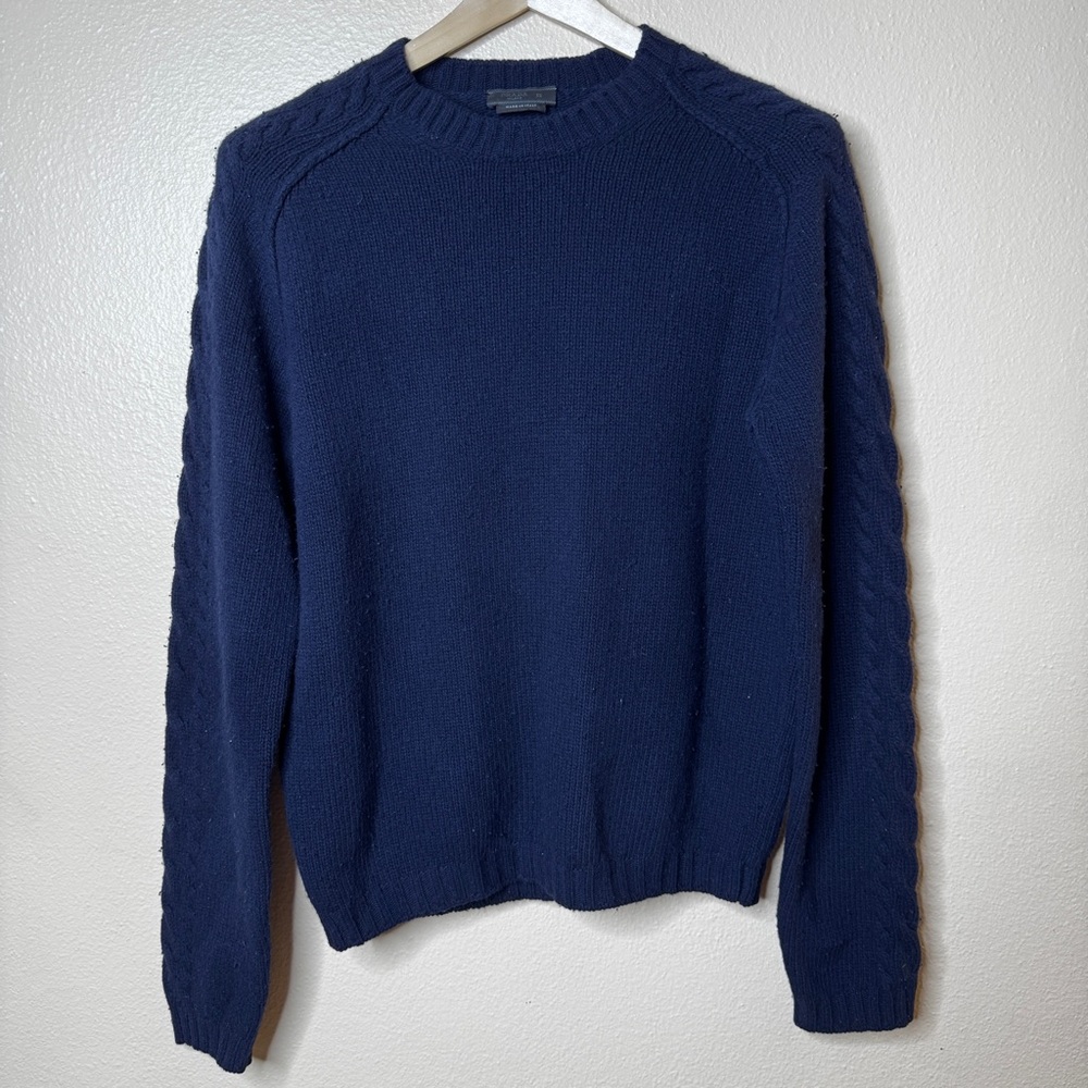 Prada Sweater Mens 52 Navy Crewneck Knitted Cable-Detail Sleeves Wool Italy